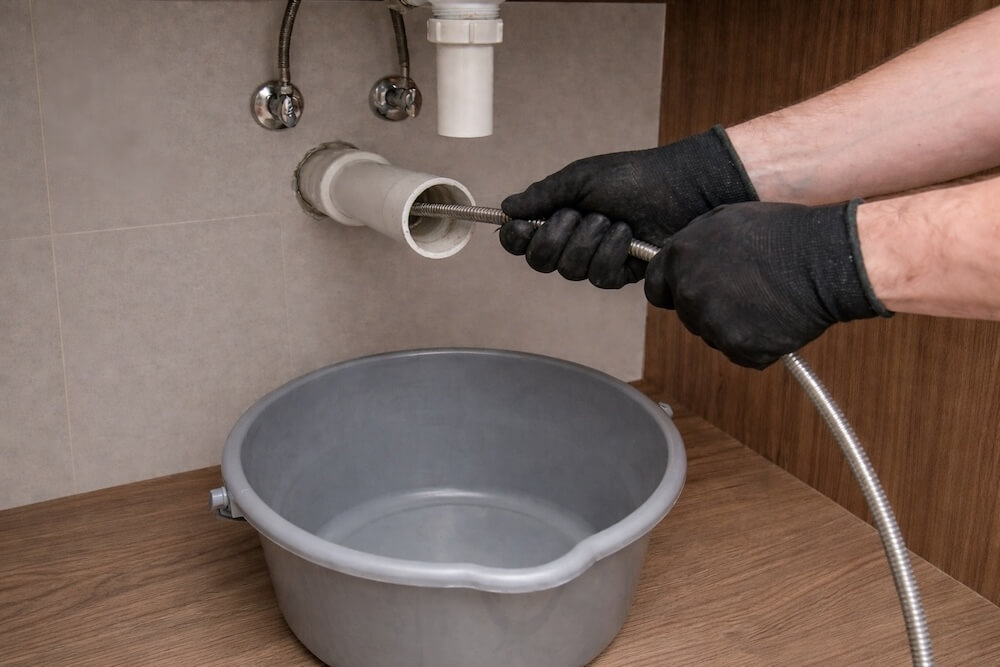 Duw de ontstoppingsveer rustig in de afvoer